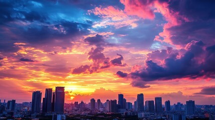 Fototapeta premium Vibrant Sunset Paints the City Skyline with Dramatic Clouds | Stunning Photography