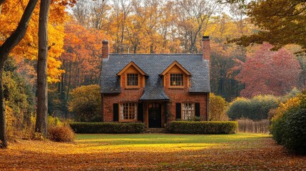 Obraz premium A picturesque cottage surrounded by trees in full autumn color, with leaves scattered on the lawn and a warm, inviting look with space for text.
