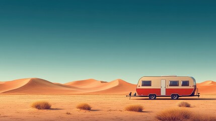 A picturesque desert scene with a vintage caravan or dune buggy parked against a backdrop of rolling sand dunes and a clear sky.