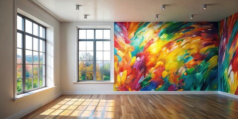 Abstract colorful artwork painting on empty room wall with a window , vibrant, modern, art,...