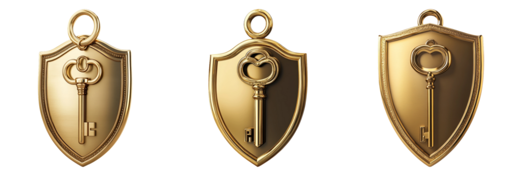 Golden key medallions with shield designs isolated on transparent background
