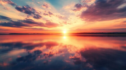 Fototapeta premium Serene Sunset Reflections: Vibrant Colors Paint a Peaceful Lake