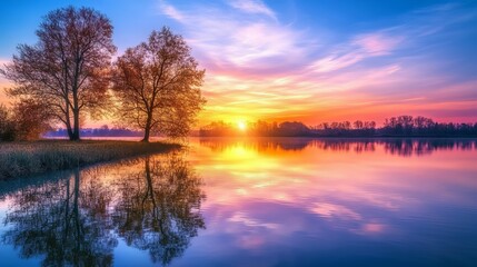 Obraz premium Serene Sunset Reflections: Vibrant Colors Paint a Calm Lake