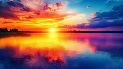 Obraz premium Serene Sunset Reflections: Vibrant Colors Paint the Lake at Twilight