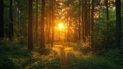 Obraz premium Golden Hour Tranquility: Sunset Through the Forest