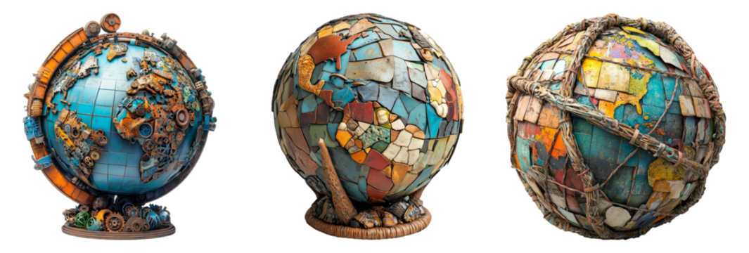 Artistic globe sculptures isolated on transparent background