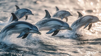 Obraz premium A pod of dolphins leaping out of the ocean water, captured mid air with the sparkling sea below them.