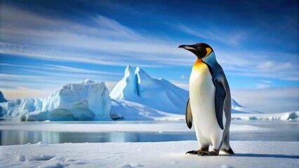 Fototapeta premium Majestic emperor penguin standing on ice in Antarctica, wildlife, bird, arctic, antarctica, cold, snow, cute, nature