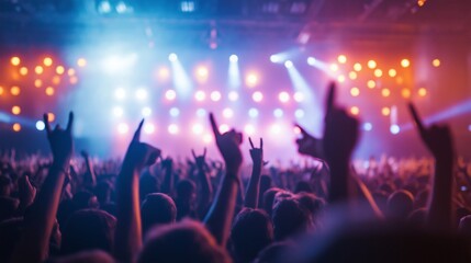 Crowd enjoying an energetic live music concert with vibrant lights and raised hands at an indoor venue during the evening.