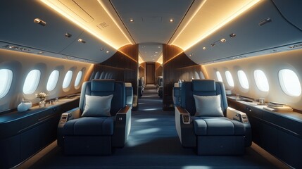 A premium air travel experience with a first class cabin, plush seating, and top notch amenities. Ample copy space.