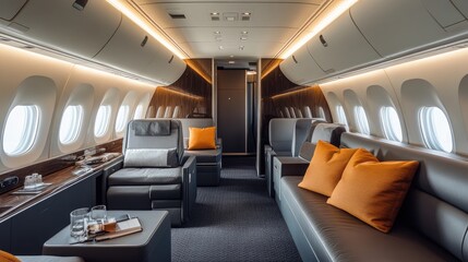 A premium air travel experience with a first class cabin, plush seating, and top notch amenities. Ample copy space.