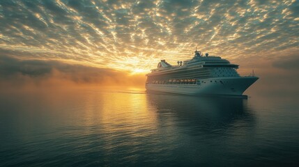A premium luxury cruise ship sailing through calm waters, highlighting exclusive travel experiences. Spacious scene with room for copy.