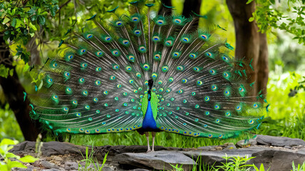 Obraz premium Beautiful Peacock with Vibrant Feathers Displayed in Full Splendor, Richly Colored Plumage, Elegant and Majestic Bird, Detailed Peacock Features, Exotic Bird with Stunning Colors