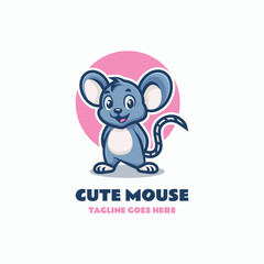 Vector Logo Illustration Cute Mouse Mascot Cartoon Style.