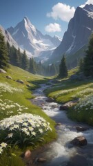 Obraz premium A serene landscape featuring mountains, a flowing stream, and blooming flowers under a clear sky.