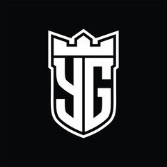 YG Logo shield shape with geometric crown inside white outline on black background template design