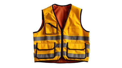 High visibility yellow safety vest with reflective stripes on a clean and transparent background, ideal for construction and safety themed projects, png
