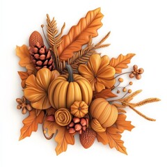 Autumn Harvest Composition with Pumpkins, Leaves, and Pine Cones.
