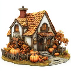 Cozy Cottage Surrounded by Pumpkins and Autumn Leaves.