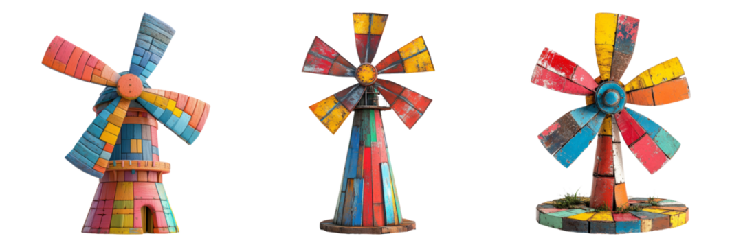 Colorful windmills in various designs isolated on transparent background
