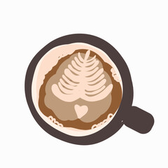 Latte art top view. Cup of coffee with milk. Vector illustration, flat design.
