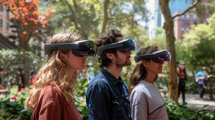 Fototapeta premium Three friends experience virtual reality in a lush outdoor setting, showcasing modern technology and social interaction.