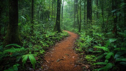 Fototapeta premium A quiet rainforest trail winding through thick vegetation, with vines hanging from the trees and the sound of distant wildlife.