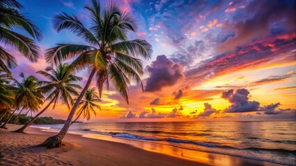 Vibrant sunset on a tropical beach with palm trees , sunset, beach, tropical, vibrant, colorful, horizon, ocean, waves