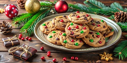 Festive holiday chocolate chip cookies arranged on a plate , Christmas, dessert, sweets, treat, baked goods, festive