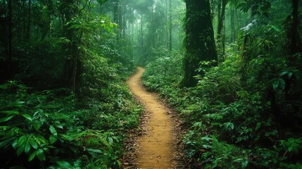 Obraz premium A quiet rainforest trail winding through thick vegetation, with vines hanging from the trees and the sound of distant wildlife.