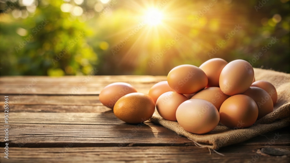 Poster Fresh eggs on wooden table with morning sunlight shining on them , fresh, eggs, table, sunlight, morning, wooden, organic