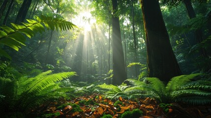 Obraz premium A rainforest floor covered in ferns, vines, and fallen leaves, with towering trees stretching up towards the light.