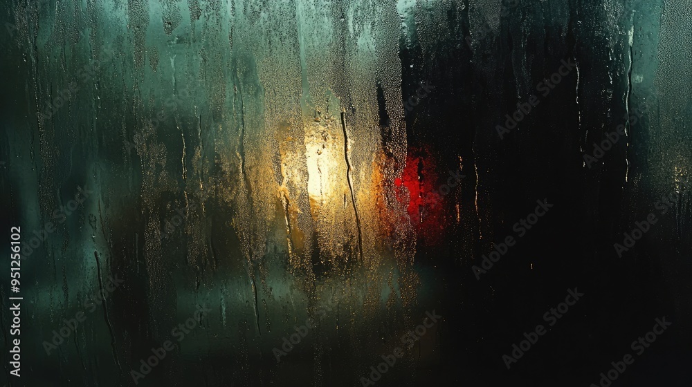 Poster a rainy window with a rain overlay, capturing the textured and distorted view of the outside world w