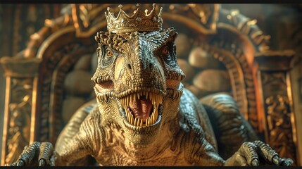 A fierce dinosaur sits on a throne, adorned with a crown, representing power and royalty in a fantastical setting.