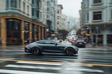 Black Sports Car Speeding Through Urban Street with Motion Blur