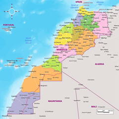Obraz premium Morocco political map with capital , cities, towns, national borders, rivers and lakes. labeling