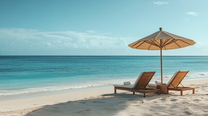 Fototapeta premium A relaxing beach backdrop with lounge chairs and a beach umbrella, set against a calm ocean. Clear copy space.