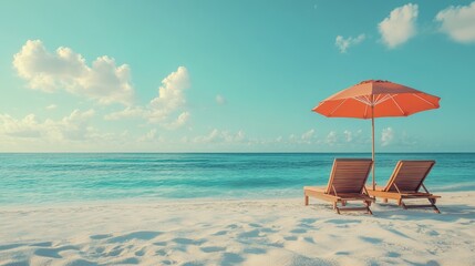 A relaxing beach backdrop with lounge chairs and a beach umbrella, set against a calm ocean. Clear copy space.