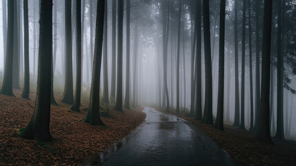 Naklejka premium Misty, Dense Forest with Tall, Slender Trees and Ground Covered in Fallen Leaves, Evoking Mystery and Solitude, Serene Nature Scene, Foggy Woodland, Tranquil Forest Path, Enchanted Landscape