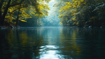 Obraz premium A river flowing through a dense forest, with the water reflecting the surrounding trees and a clear sky above.