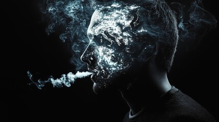 A man smoking with smoke trailing from his mouth, gradually morphing into the continents and oceans of the Earth