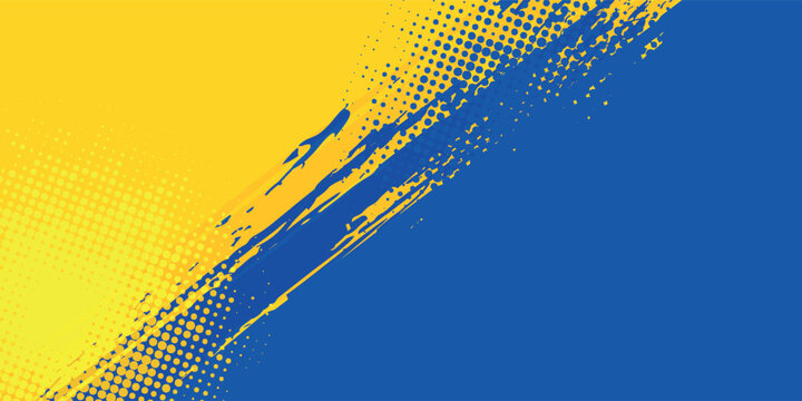 Abstract grunge vector background with paint brush and halftone effect, banner design template with blue and yellow gradient