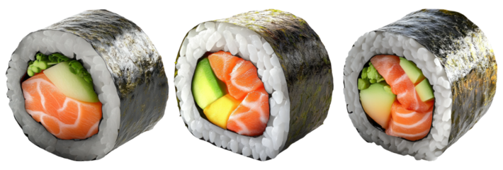 Assorted sushi rolls with salmon and avocado isolated on transparent background