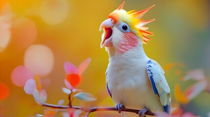 Striking photograph of a captivating cockatiel bird perched and singing with its beak open wide showcasing its vibrant feather colors and energetic expression in a natural setting