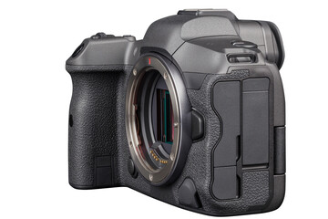 black 2020s professional 35mm full-frame mirrorless camera body with flip screen isolated on white...