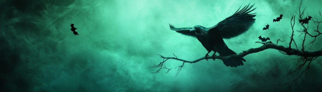 Dark and creepy Halloween night with a holographic crow cawing from a metallic branch, surrounded by eerie green mist and glitchy digital bats