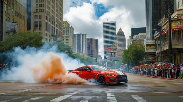 A high-end sports car spinning out and drifting with dynamic smoke patterns from its tires on a busy street in Houston, TX.