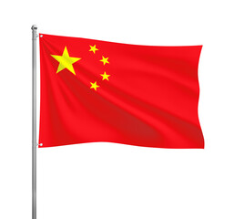 China flag waving in the wind on a silver pole, isolated on transparent background