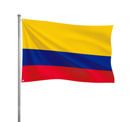 Colombia flag waving in the wind on a silver pole, isolated on transparent background