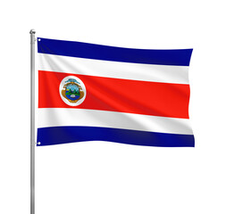 Costa Rica flag waving in the wind on a silver pole, isolated on transparent background